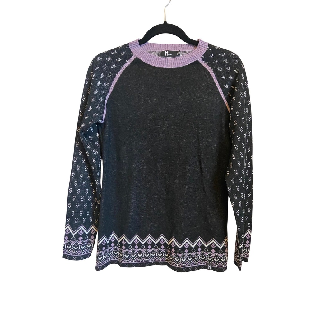 Neve Merino Wool Blend Nordic Fair Isle Crew Neck Sweater Black Lavender M